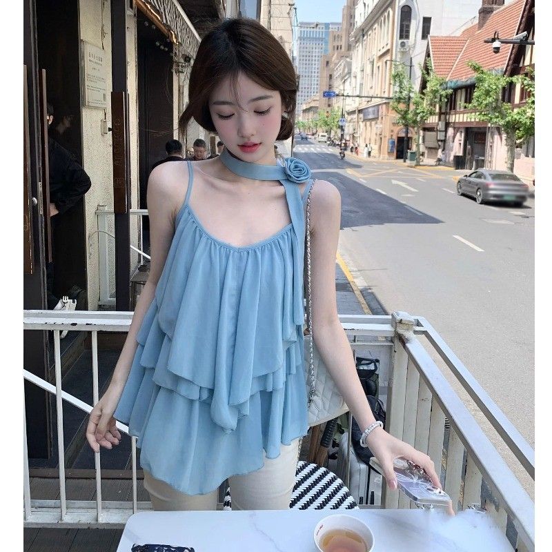 Women's Baby Blue Chiffon Halter Mini Dress Tie Neck Ruffle Layered Sleeveless Flowy Casual Summer Dress