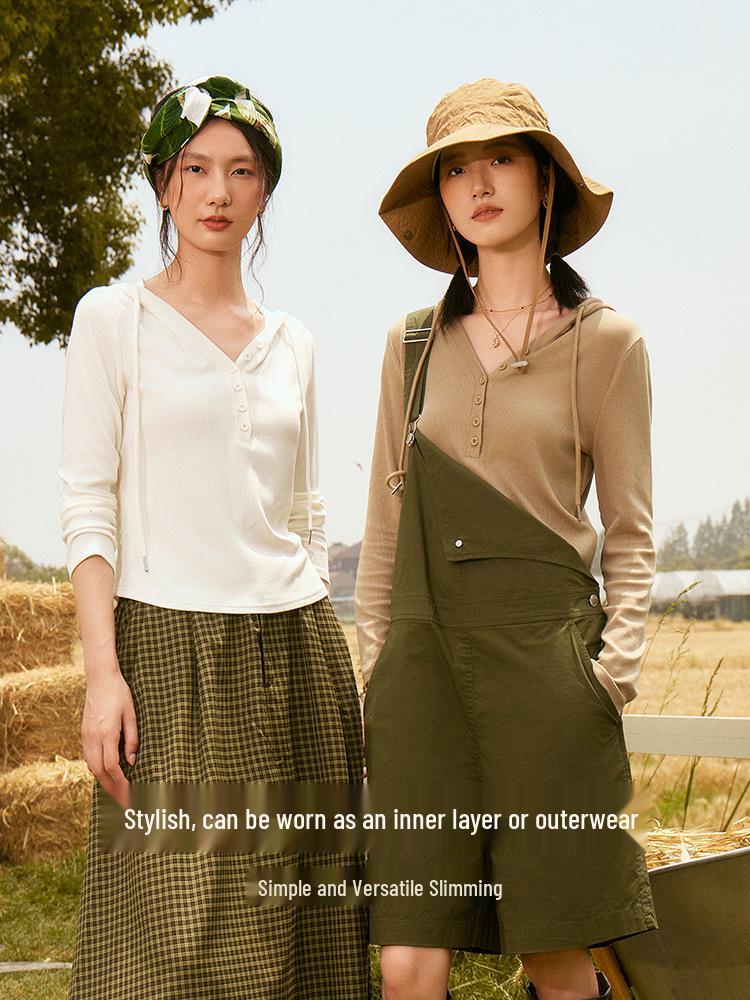Women's V-Neck Button-Down Hooded Sweatshirt Base Layer - Slim Fit Long Sleeve for Spring & Autumn