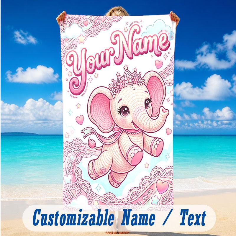 Elephant Theme Beach Towel Personalized Custom Name & Text Soft Quick Dry Beach Towel for Swimming Travel