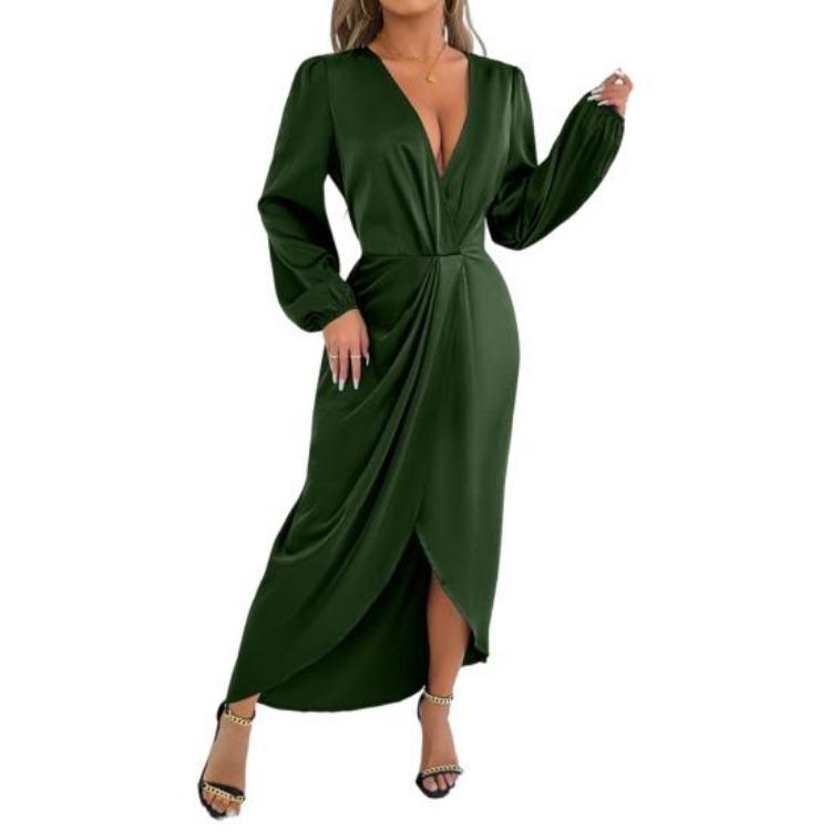 Satin Wrap Maxi Dress for Women V Neck Long Sleeve High Slit Party Cocktail Evening Gown Long Dress S армия зеленый