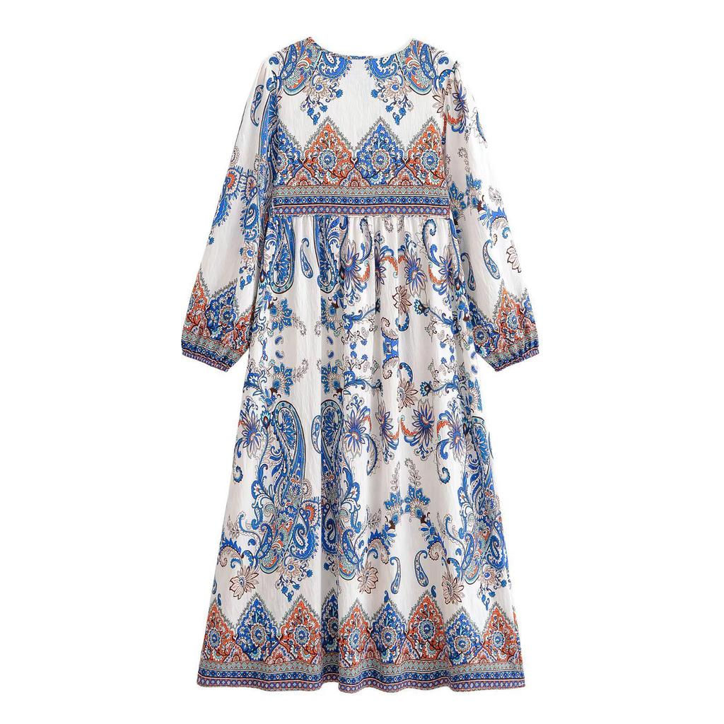 Bohemian Loose Dress with Bamboo Knot Linen Print and Tassels - 2026 Spring Collection