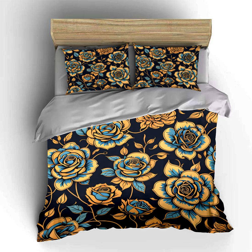 Golden Blooms In Twilight Bedding Sets Duvet Covers Pillowcases(1* Duvet Cover 2* Pillowcases Without Duvet Insert)