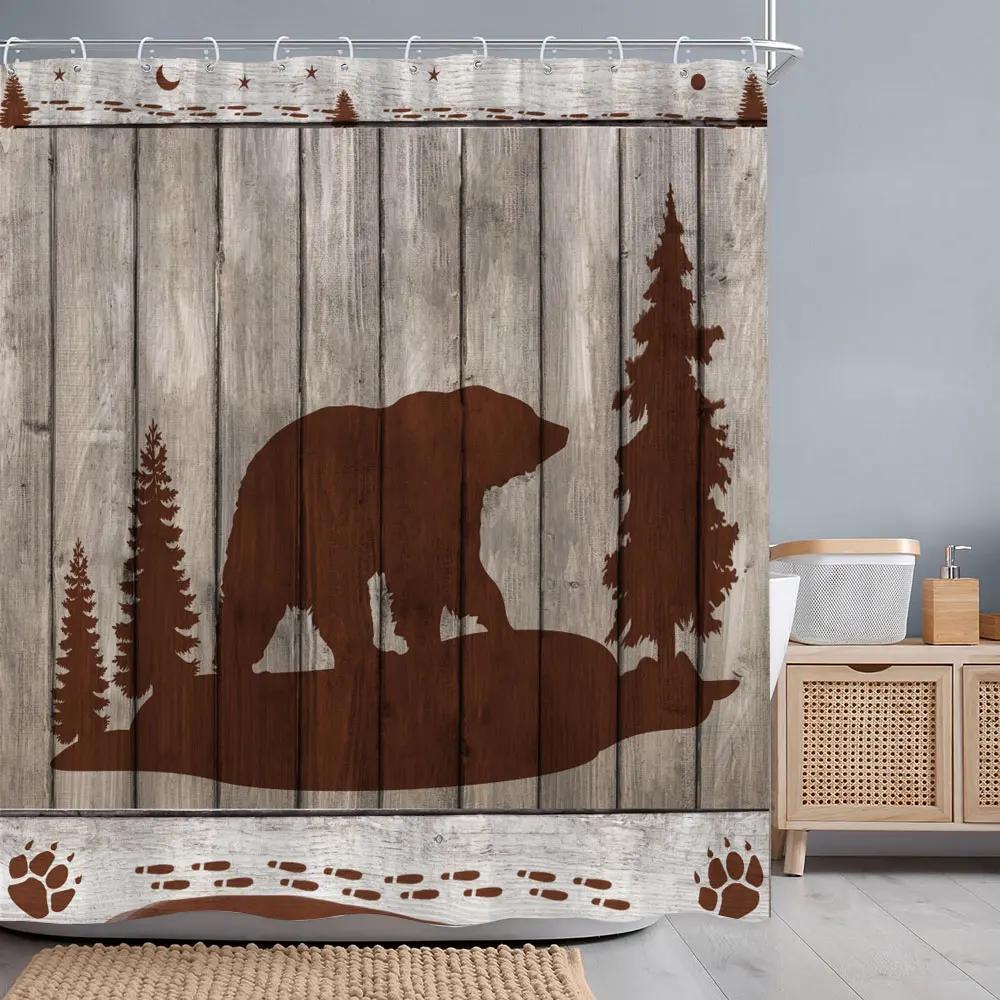 Vintage Brown Bear Shower Curtain Rustic Wooden Panel Texas Star Black And White Check Jungle Fabric Bath Curtain Bathroom Decor