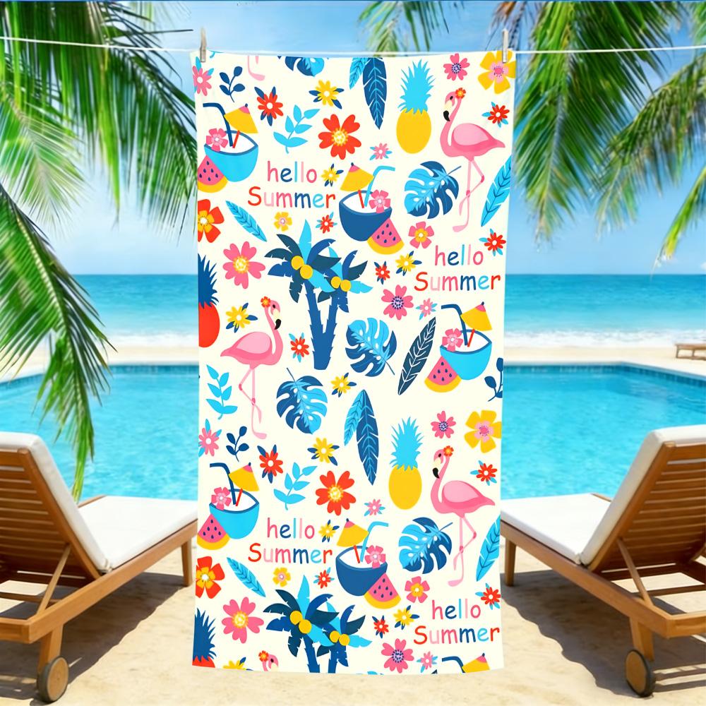 Hello Summer Flamingo Beach Towel – Oversized Quick Dry Sand Free with Tropical Palm & Cocktail Print for Fun W30*H60(CM)