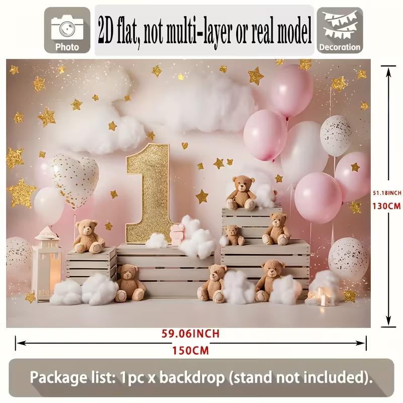 2D Pink 1st Birthday Backdrop with Teddy Bears & Stars for Baby Girl Photography Background