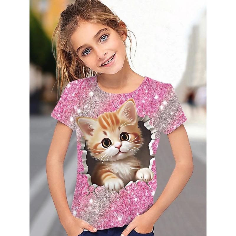 T-Shirt for Girls Cute Kitten Girls Clothes Kids T-Shirt Summer Short Sleeve Children Outdoor Sports Tops T-Shirt for Girls