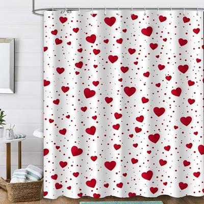 1pc Red Heart-patterned Shower Curtain, Polyester Fabric, Machine Washable, with Hooks, Suitable for Bathroom Décor.