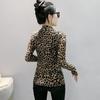 2024 European High-Neck Long-Sleeve Leopard Print Mesh T-Shirt with Hand-Beading - Women's Slim-Fit Trend