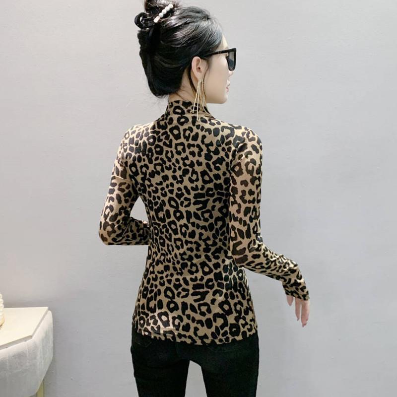2024 European High-Neck Long-Sleeve Leopard Print Mesh T-Shirt with Hand-Beading - Women's Slim-Fit Trend