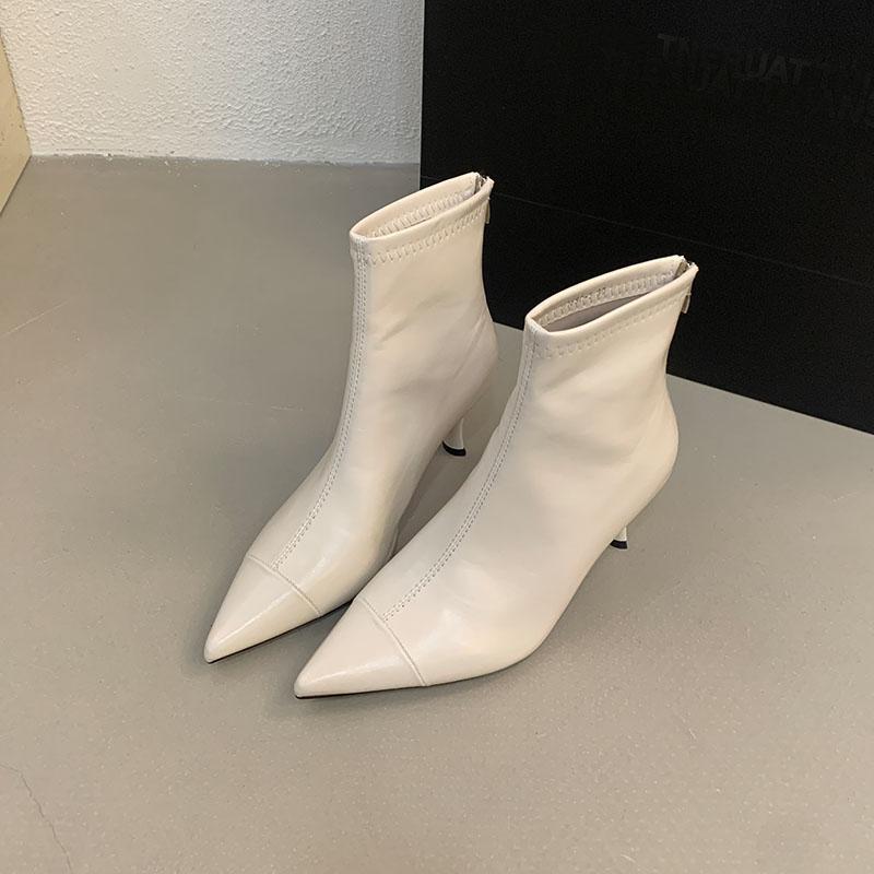 

Эластичные женские ботильоны-стрейч на щиколотке на каблуках обувь женская с острым носком женские современные короткие ботинки на молнии обувь 35 белый