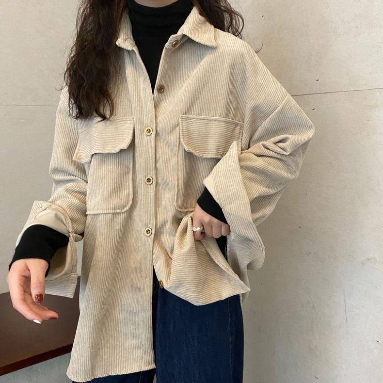 

Женская вельветовая куртка-рубашка большого размера – Осенний тренд для многослойности с длинными рукавами M for 100-130 Jin