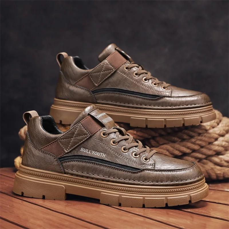 Fashion Platform Shoes Men's Casual PU Leather Shoes Brand Brown Lace Up Ankle Boots Thick Bottom Outdoor Hiking Shoe for Man Fashion