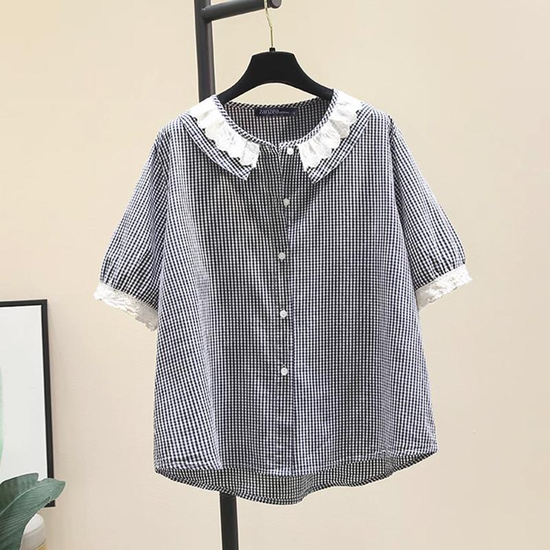 ZANZEA Womens Summer Splice Classic Collar Short Sleeve Grid Print Blouse