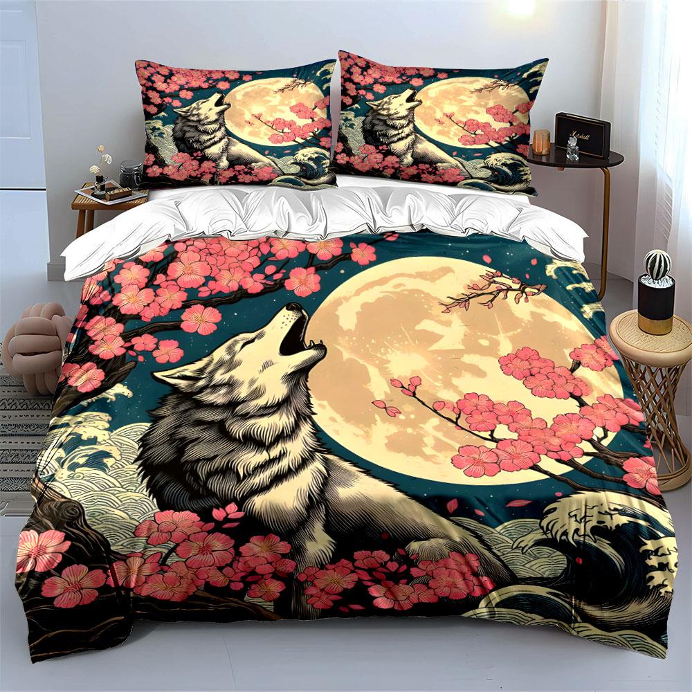 Wolf And Cherry Blossom Night Exquisite Three-Piece Bedding Set Gift For Kids And Adults