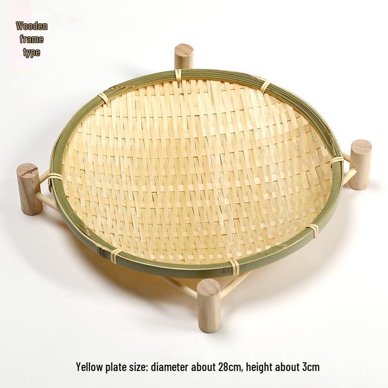 Handmade Bamboo Woven Basket Set - Round Winnowing Basket and Snack Plate for Hotel or Restaurant Use