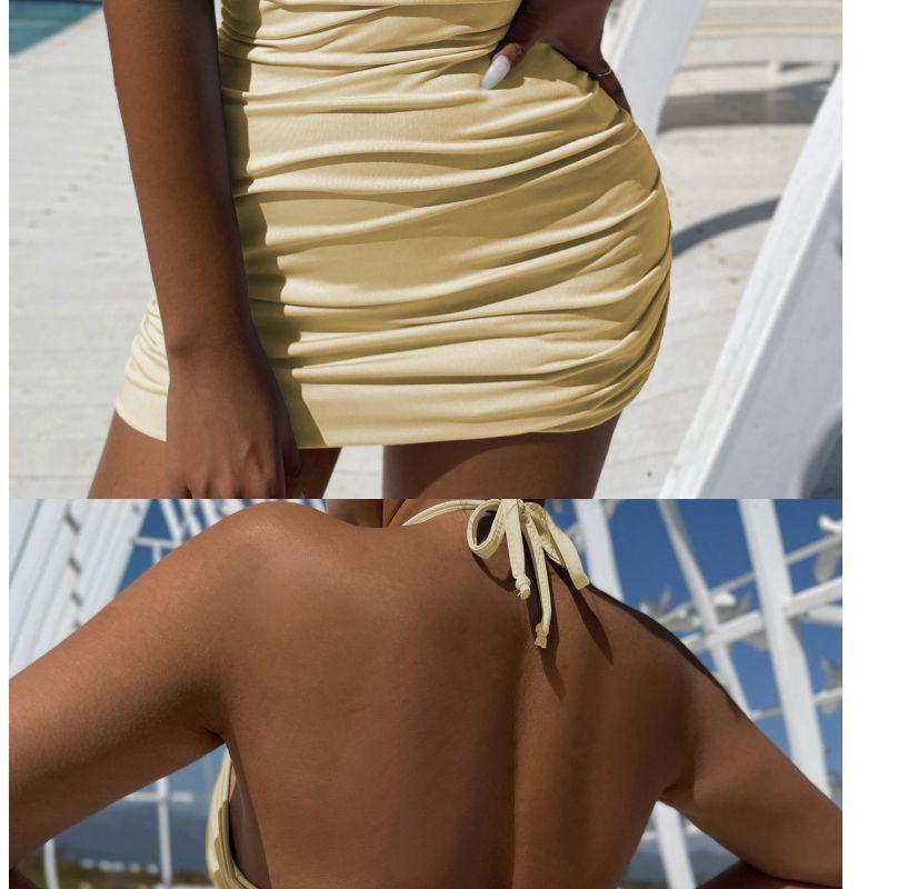 Thai Lace-Up Halter Backless Pleated Bodycon Dress for Women