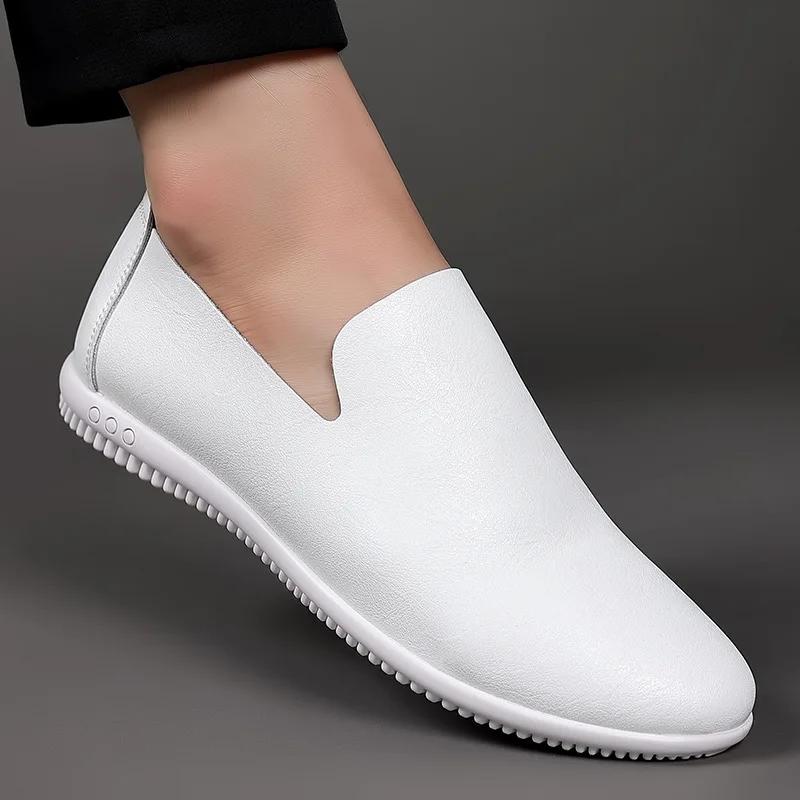 Fashion Designer Solid Color Male Leather Shoes Slip-on Flat-soled Men Loafers Spring Autumn Soft-soled Casual Man Driving Shoes