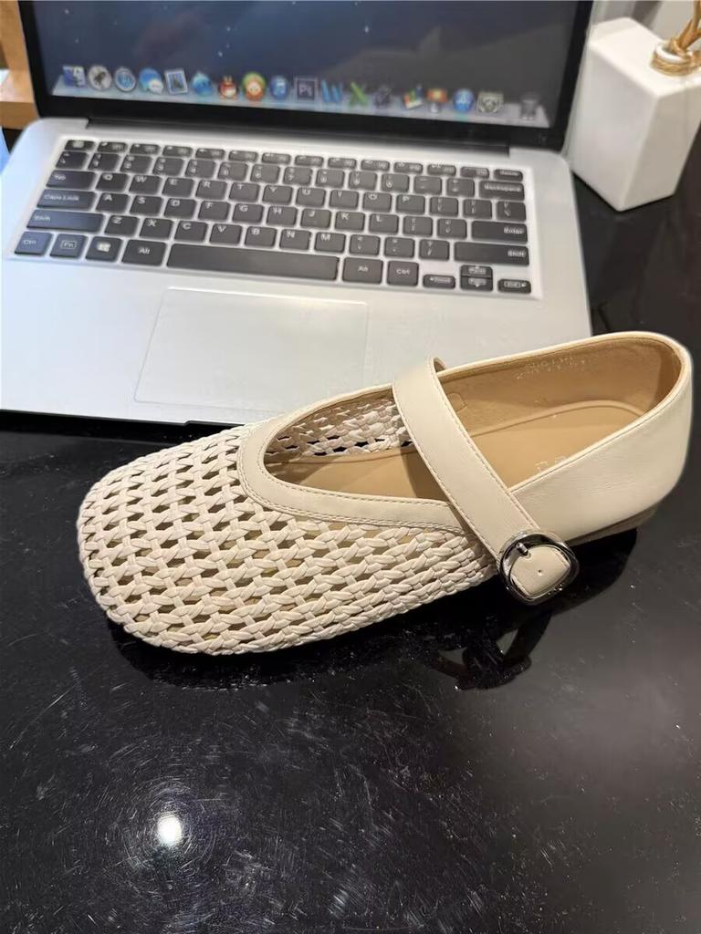 Hollow Fishing Net Crocheted One-word Strap Single Shoes Women's 2025 New Round Head Flat-soled Ballet Shoes Woven Mary Jane