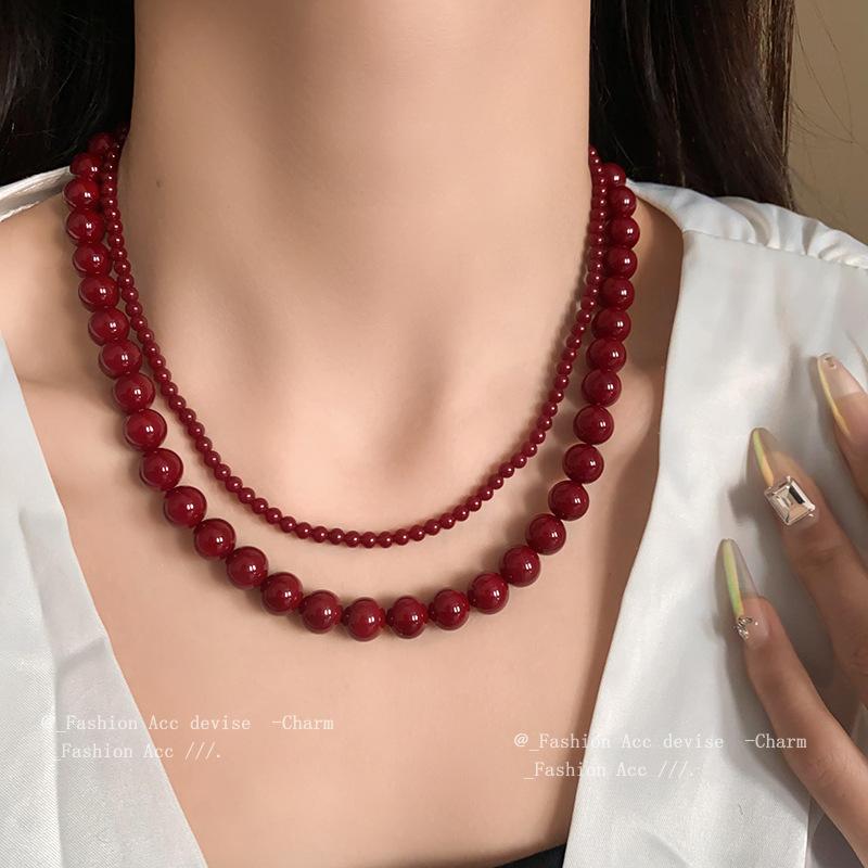 Rött Rund Glaspärla Halsband Retro Nyckelbenskedja Accessoarer för Kvinnor