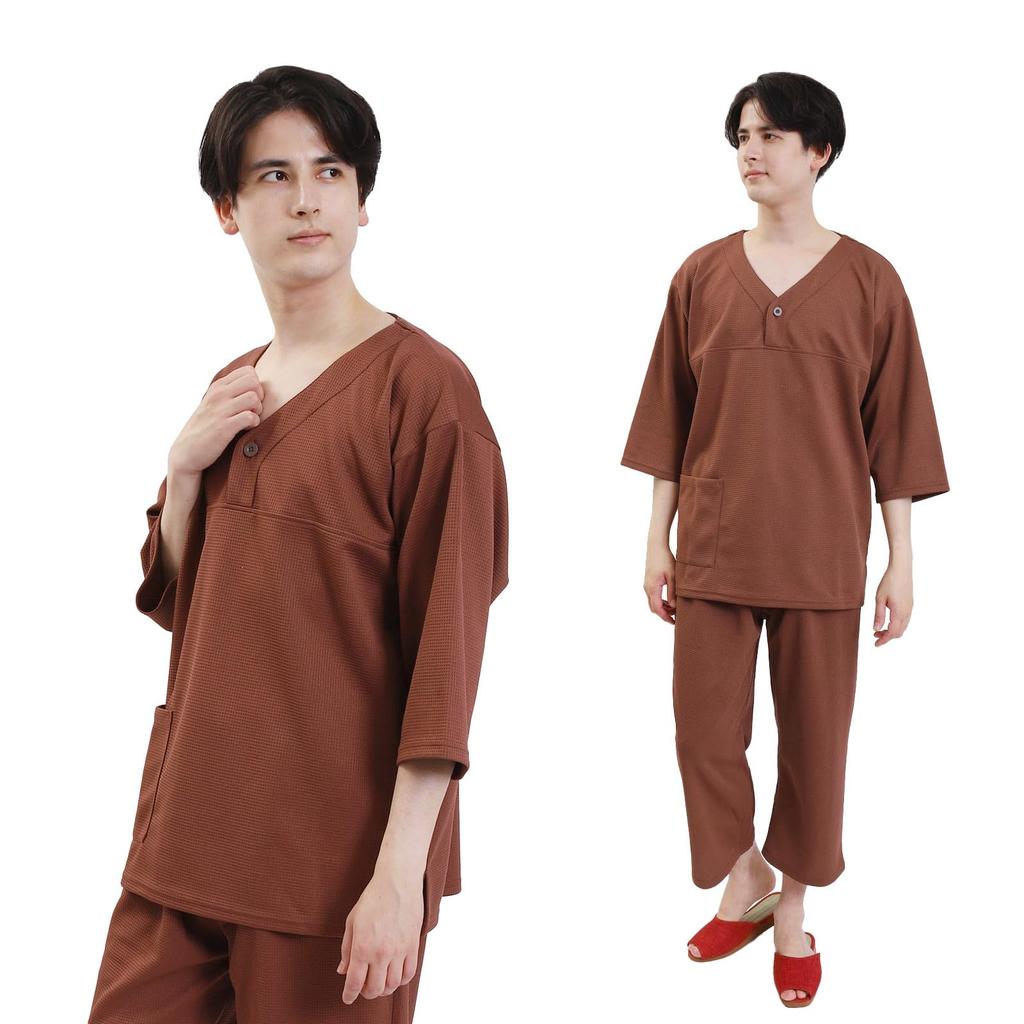 Fuuka Relaxation Wear Waffle Fabric Unisex Indoor Wear for Stone and Spas In-Hotel (Brown) Linen-Compatible Saunas, Hotels, Baths, (Size Small)