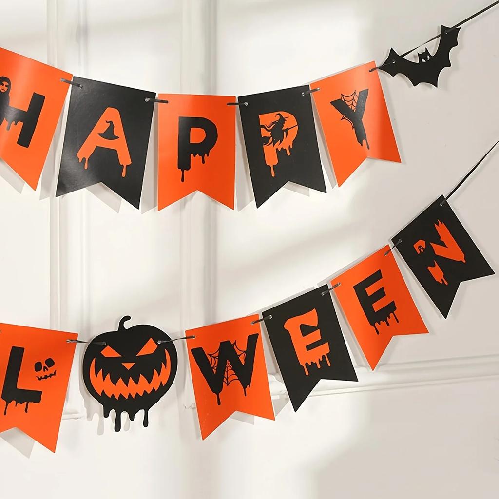 1/2pcs-Halloween Flag Hanging Ornaments-decorated with Ghost Bat Skeletons and Scary Pumpkins, Festive Decorations