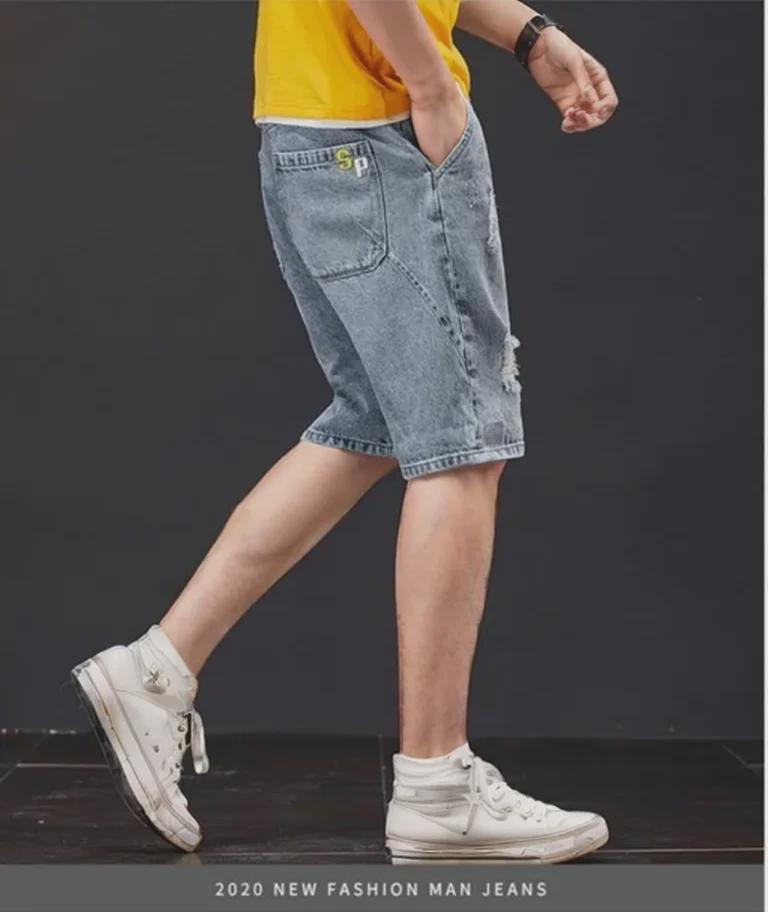 Boys' Slim Fit Light Blue Ripped Denim Shorts with Whisker Print