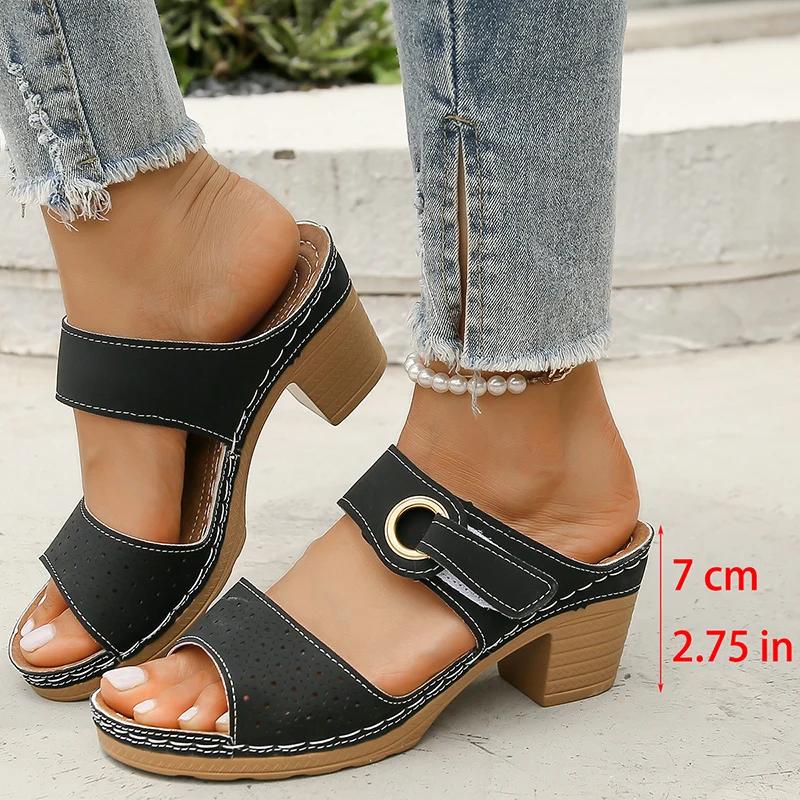 Fashion Hook Loop Thick High Heel Sandals Women Hollow Out Summer Beach Sandles Woman Plus Size Anti-Slip Platform Sandalias De Mujer