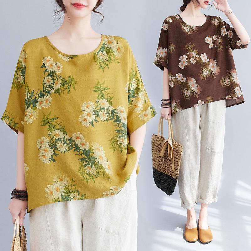 Übergröße Damenbekleidung Sommer Künstlerisches Rundhals Bedrucktes Kurzarm T-Shirt Damen Pullover Fledermausoberteil Damen