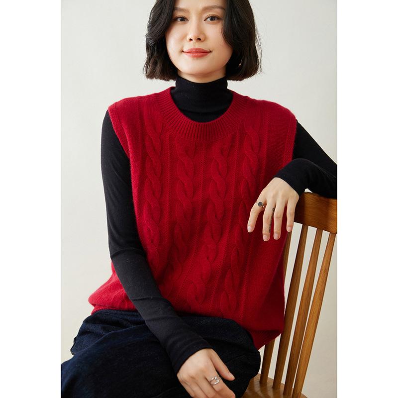 Women's Autumn Loose Fit Cable Knit Cashmere Vest Sweater