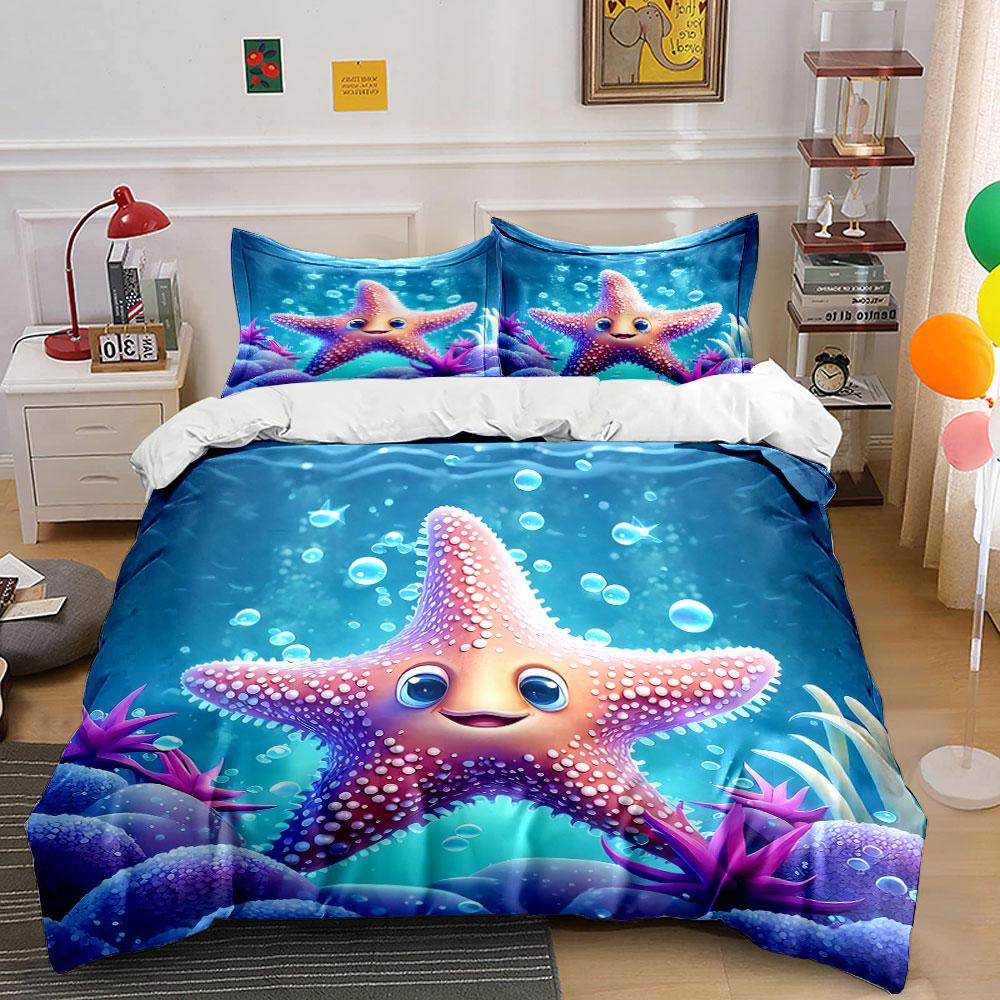 "Smiling Starfish Underwater Design" Print Bedding Set Duvet Cover Pillowcases (1* Duvet Cover 2* Pillowcases Do Not Include Comforter)