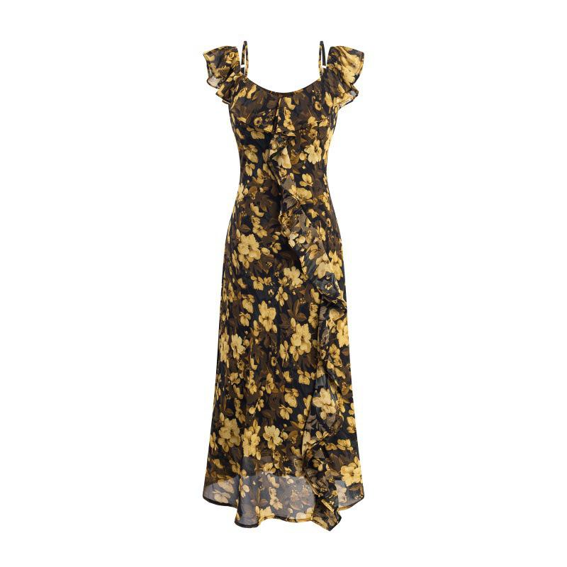 2026 Retro Print Ruffle Chiffon Dress - French Round Neck Vacation Style Small