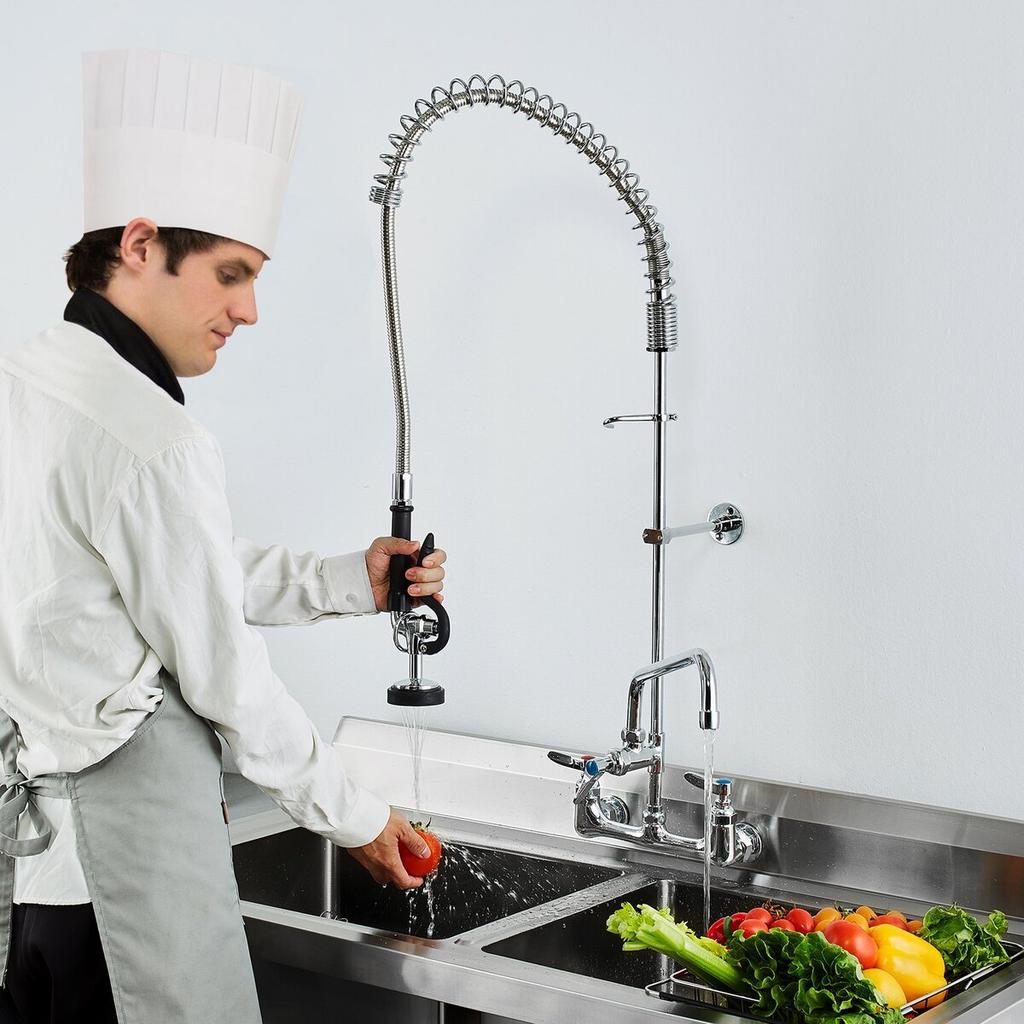 Commercial Faucet with Pre-Rinse Sprayer, 44" Height, 8" Center, 12" Swing Spout, Wall Mount Kitchen Sink Faucet, Brass Constructed Device with Pull
