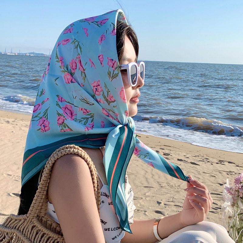 Nordic simple silk scarf long female French retro black and white striped large square scarf tied hair ins headscarf headband shawl