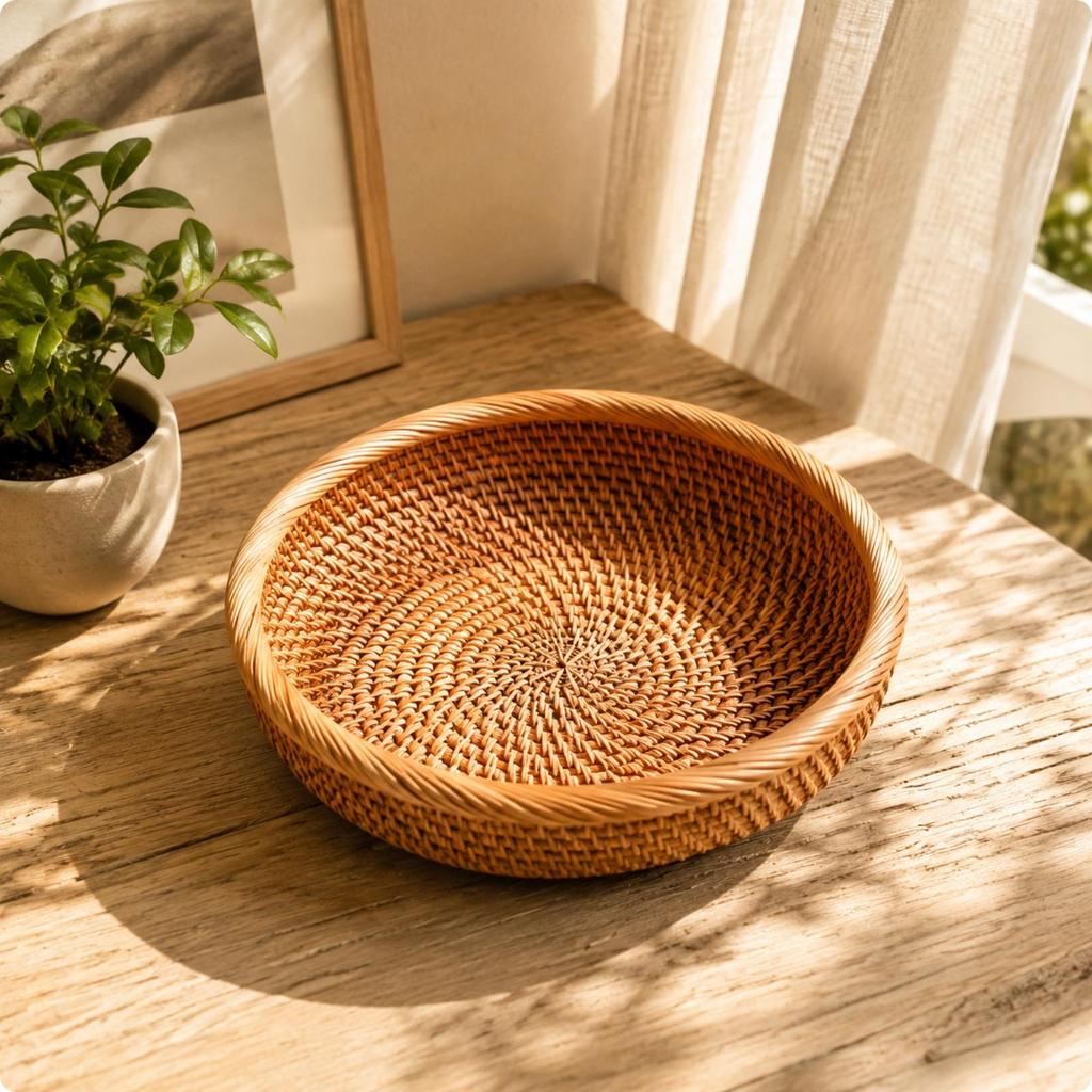 Handwoven Rattan Storage Basket Handmade Round Open Rustic for