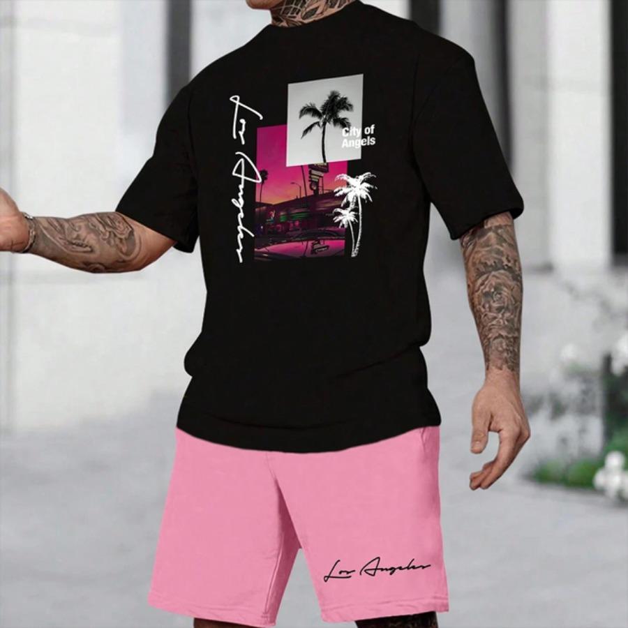 Hawaii European 3D Printed Men's Short Sleeved Fashionable T-shirt Dopamine Beach Casual Shorts Set Soft and Comfortable