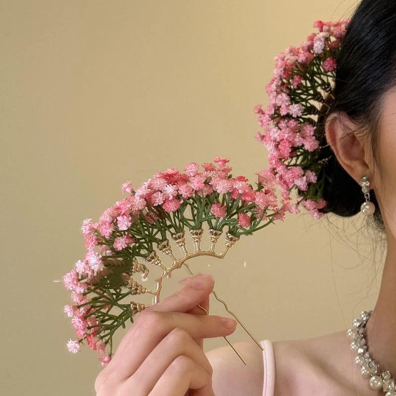 Handmade Floral Fan Hairpin Delicate Colorful Flower Design Anti-Slip Traditional Hair Accessory for Hanfu Travel Photo Shoots