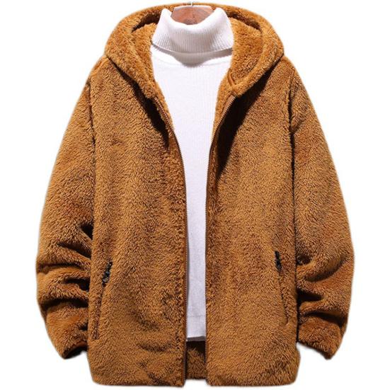 Men Winter Coat Plush Zipper Hooded Solid Color Soft Cold-proof Thicken Plus Size Autumn Coat for Outdoor