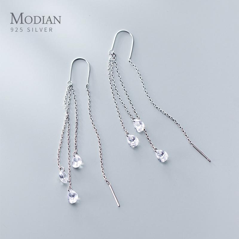 Modian Trendy Wedding Earring for Women 925 Silver Dazzling CZ Long Chain Tassel Water Drop Dangle Earring Fine Jewelry