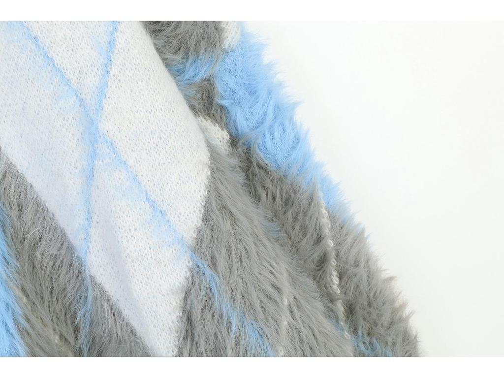 Women's French Argyle Pullover: Soft, Fluffy, Loose-Fit Color Block Sweater for Autumn/Winter, Versatile Round Neck Knit Design.
