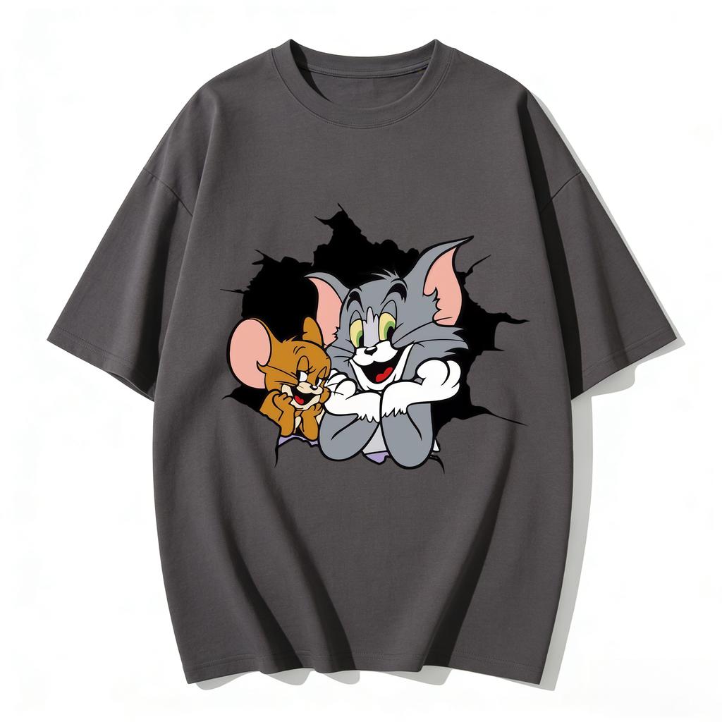 2026 New Tom Jerry Print Tshirt Casual Loose Couple Family Matching Outfits Short Sleeve Cotton Tee Summer Streetwear Tops Y2k