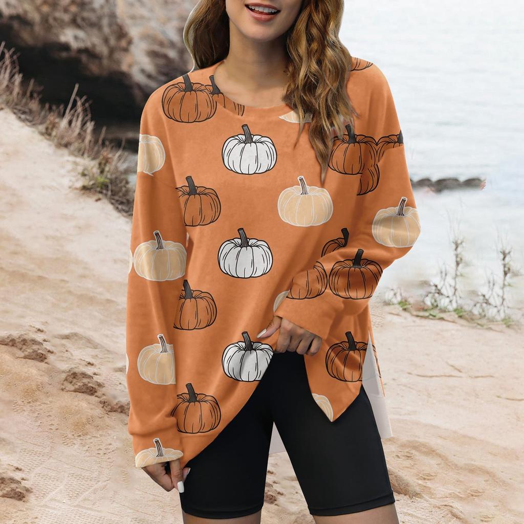 Women's Fashion Side Split Round Neck Pullover Long Sleeve Halloween Printed Top Sweatshirt