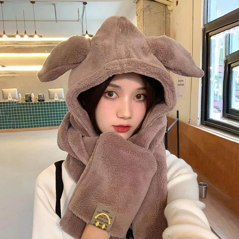 Autumn and Winter Hats for Women Cute Rabbit Ear Scarf  Integrated Warm Plush Gloves Three Piece Set  Korean Style Versatile Scarf