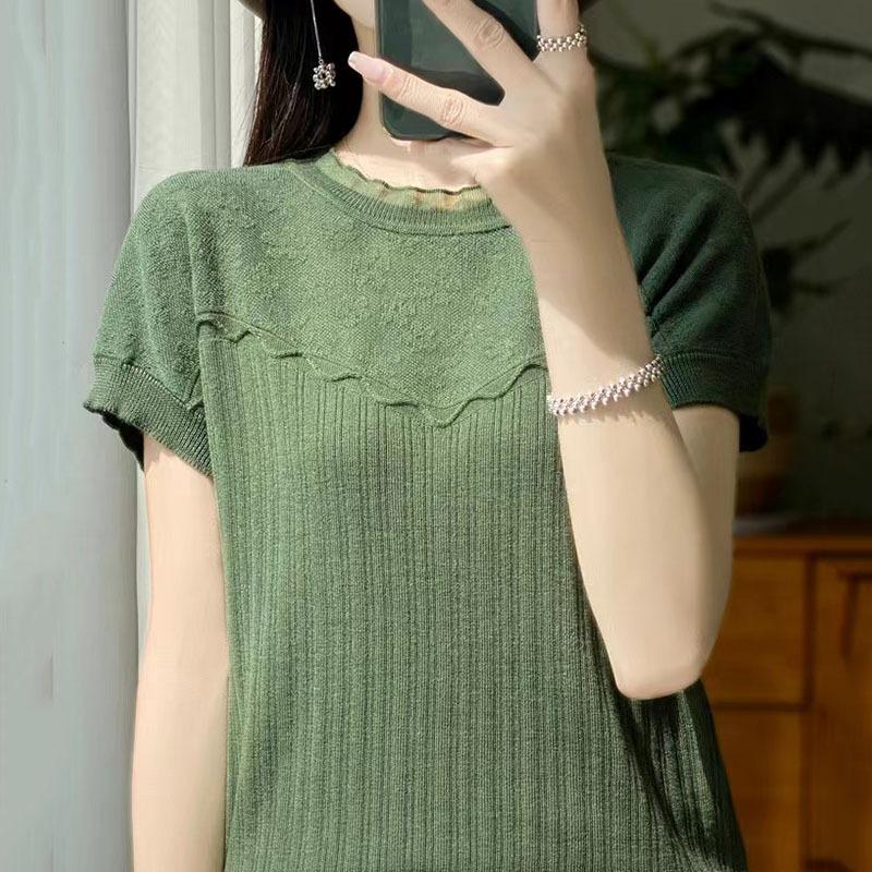 French Light Luxury Ice Silk Knitted Sweater for Short-sleeved Women's Summer Lace Collar Jacquard Base Shirt Fashionable Pullover T-shirt