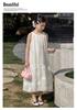 French Sweet Style Sleeveless Dress for Girls In Summer 2026, White Three-dimensional Flower Long Dress, Vacation Style Princess Dress