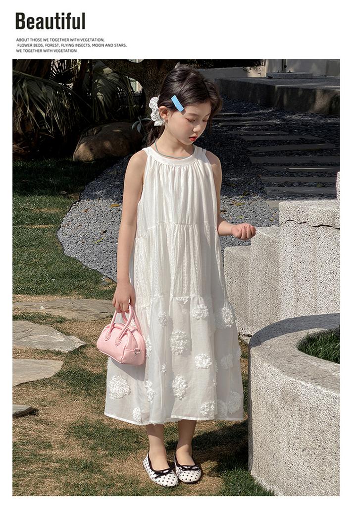 French Sweet Style Sleeveless Dress for Girls In Summer 2026, White Three-dimensional Flower Long Dress, Vacation Style Princess Dress