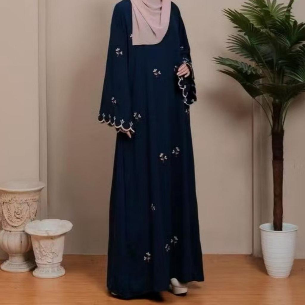 Women's Crew Neck Long Sleeve Maxi Dress Loose Fit Relaxed Waist Floral Embroidery Modest Abaya Dress