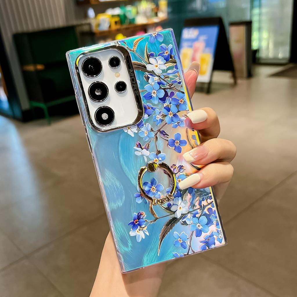 Electroplated Laser Flower Imd with Ring Buckle Bracket S24 Mobile Phone Case S25Ultra Anti-drop All-inclusive A56 Hard Case