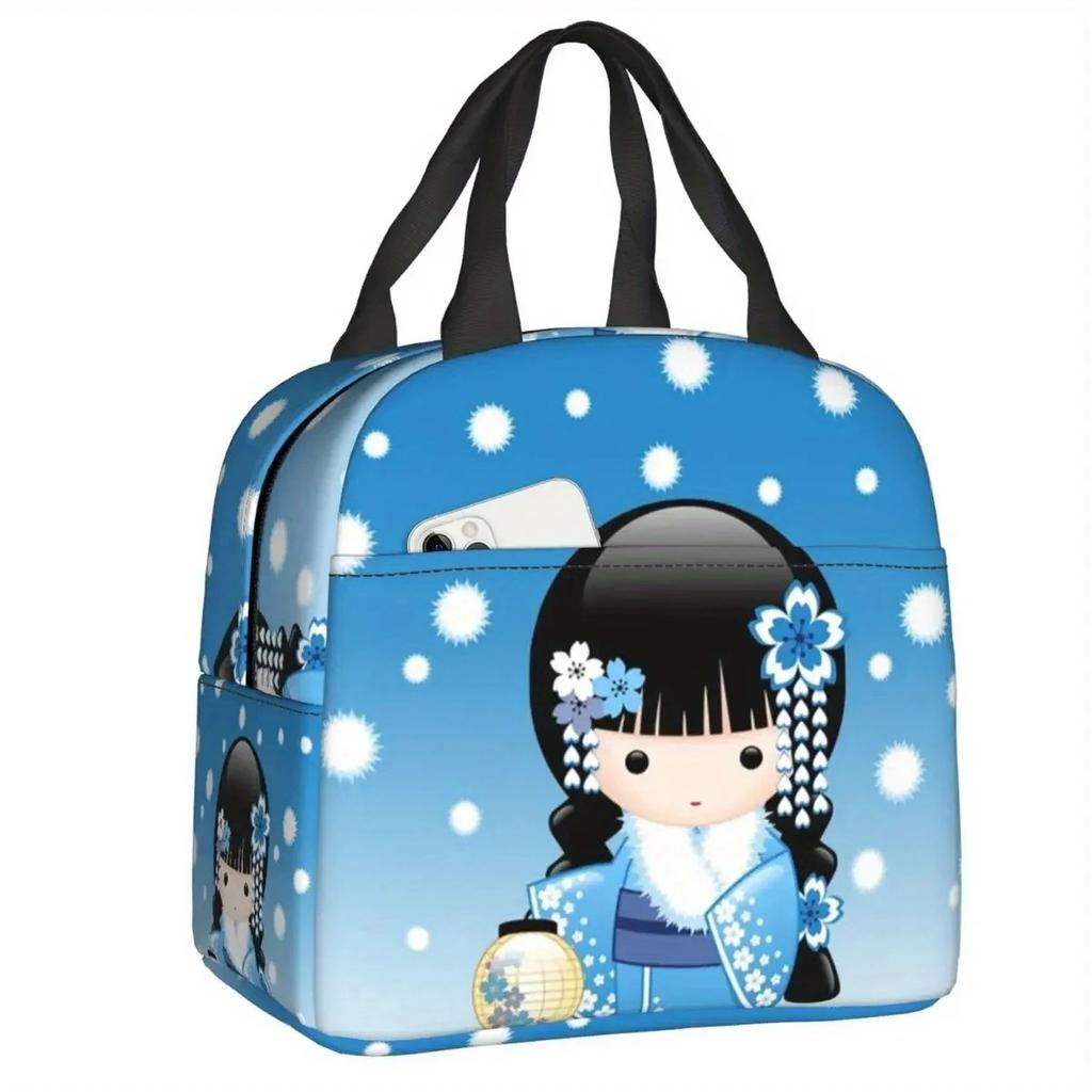 Cherry Blossom Kokeshi Doll Insulated Lunch Bag - Reusable Thermal Cooler Bento Box with Cute Sakura Design