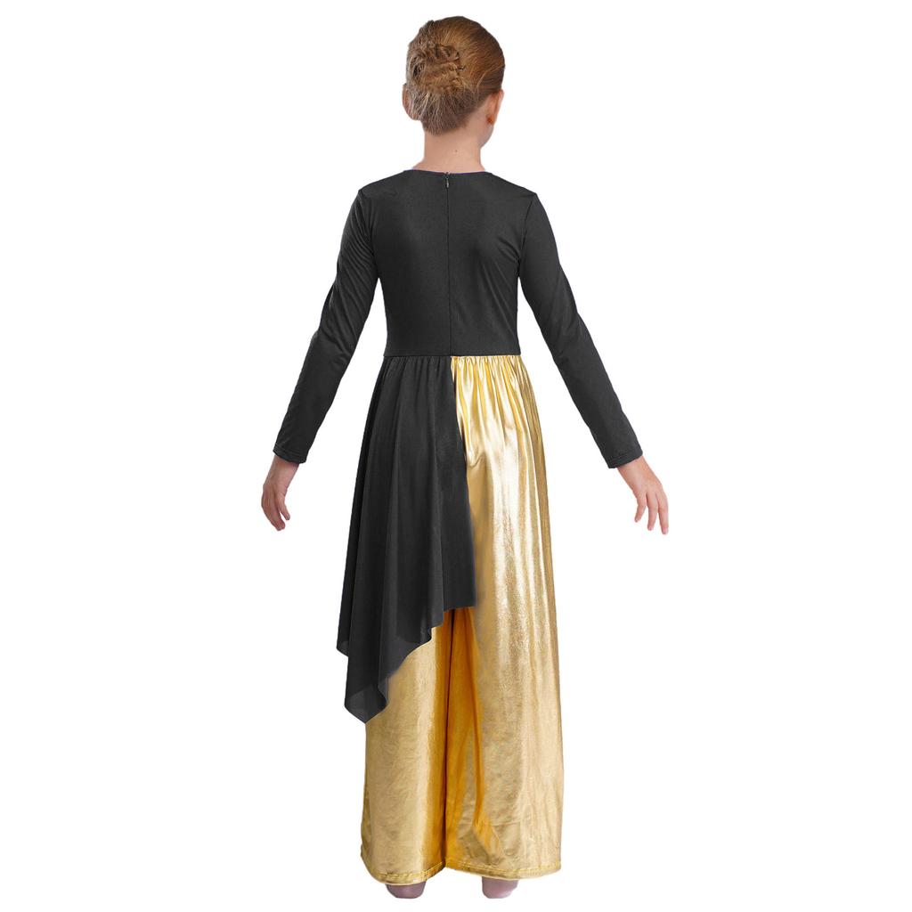 Girls Metallic Color Block Patchwork Irregular Drape Wide Leg Liturgical Praise Dance Jumpsuit