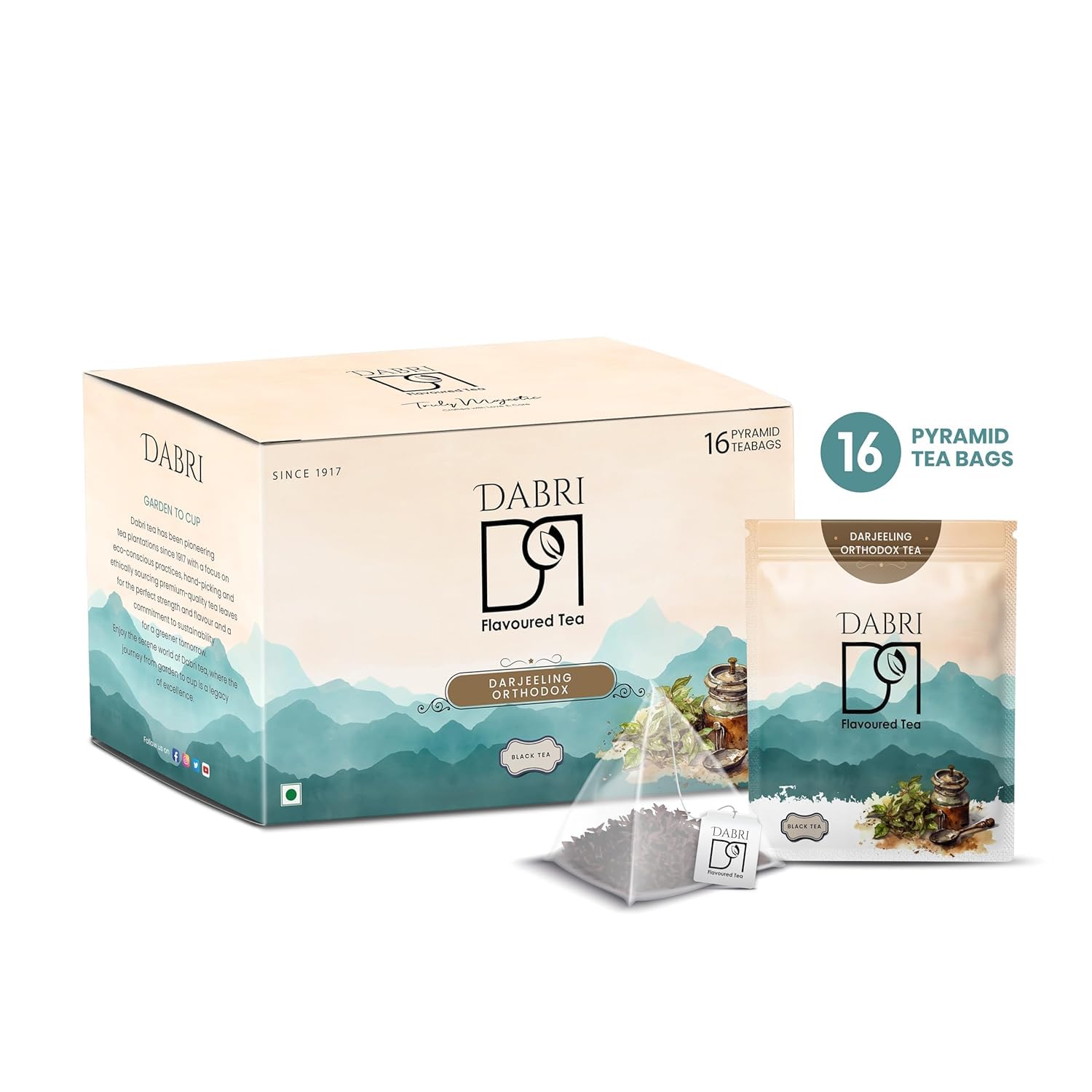 DABRI Darjeeling Orthodox Black Tea 16 Pyramid Dip Tea Bags | No muslin or paper used | Authentic Black Tea from the premium estates in Dar